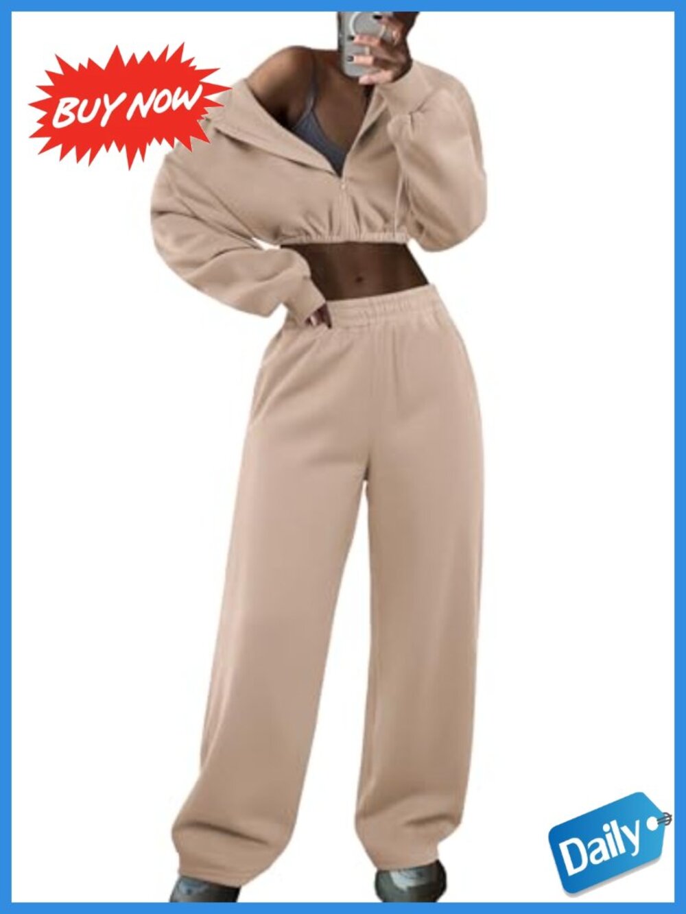 Women's 2 Piece Sweatsuit Set Cropped Zip Hoodie & Jogger Sweatpants